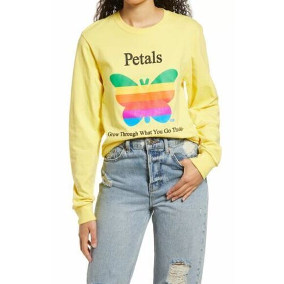 Petals and Peacocks T Shirt Womens L Large Yellow Grow Through Butterfly Graphic - Picture 1 of 10